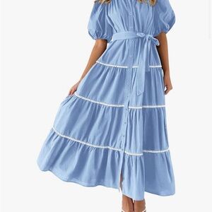 Chic Light Blue Maxi Dress with Belt